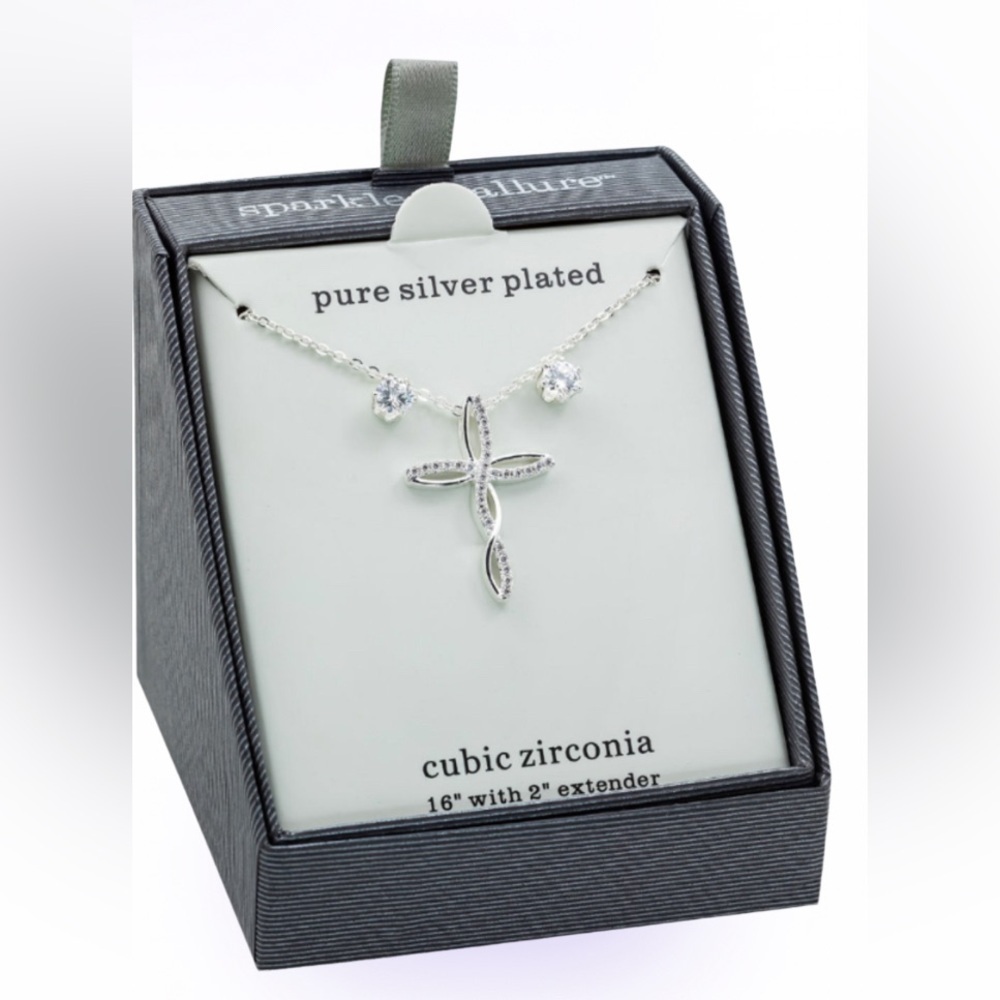 Sparkle Allure CZ Pure Silver Cross 3 piece jewelry Set Studd earrings
